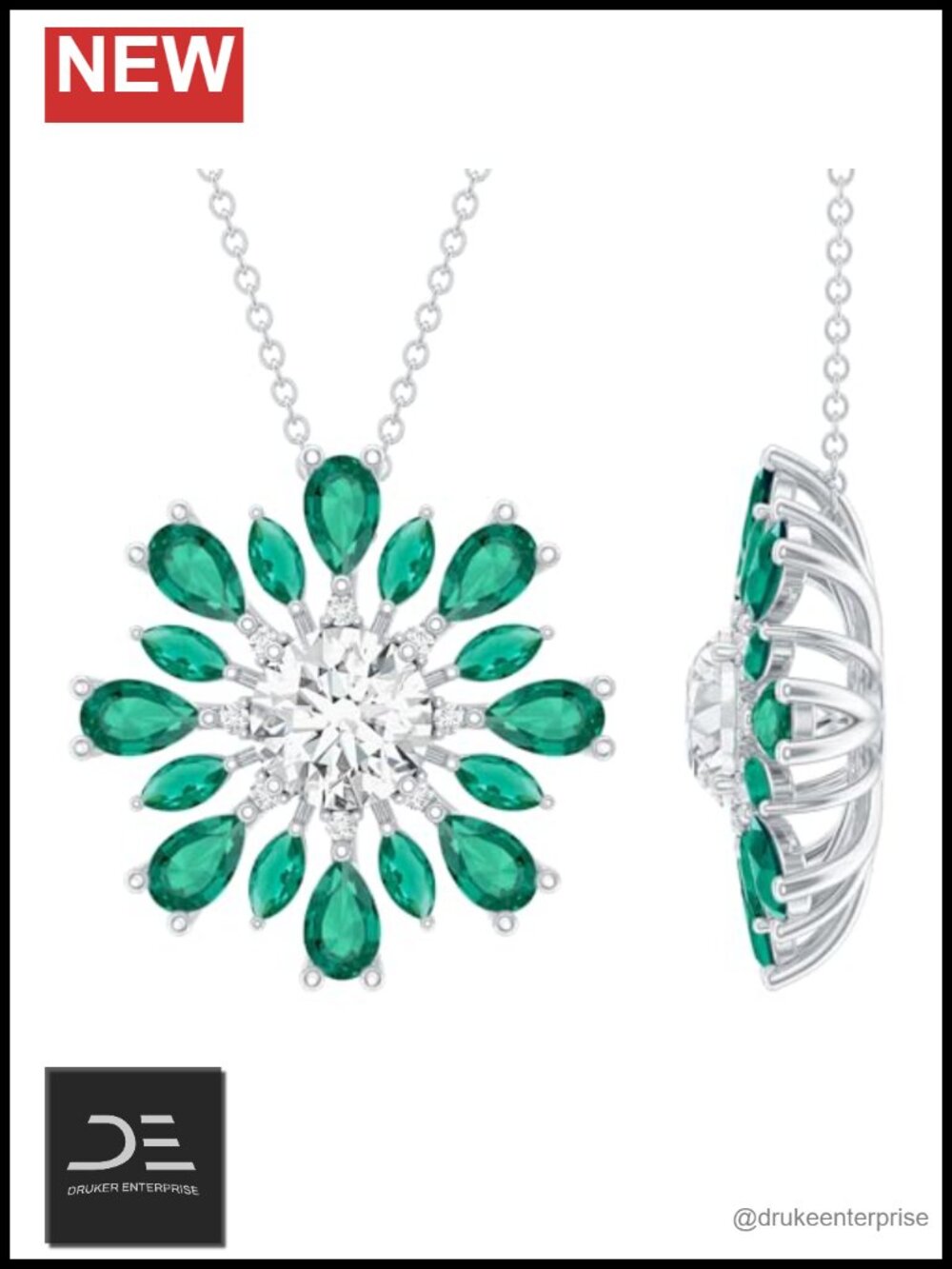 1 Carat Moissanite & Lab Grown Emerald Flower Pendant Necklace 18"